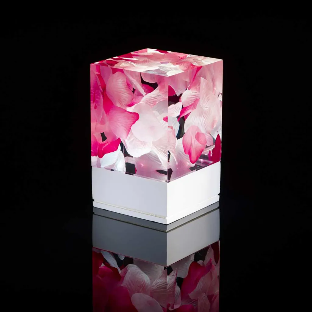 photo lampe design la D-cüb roses fond noir socle blanc