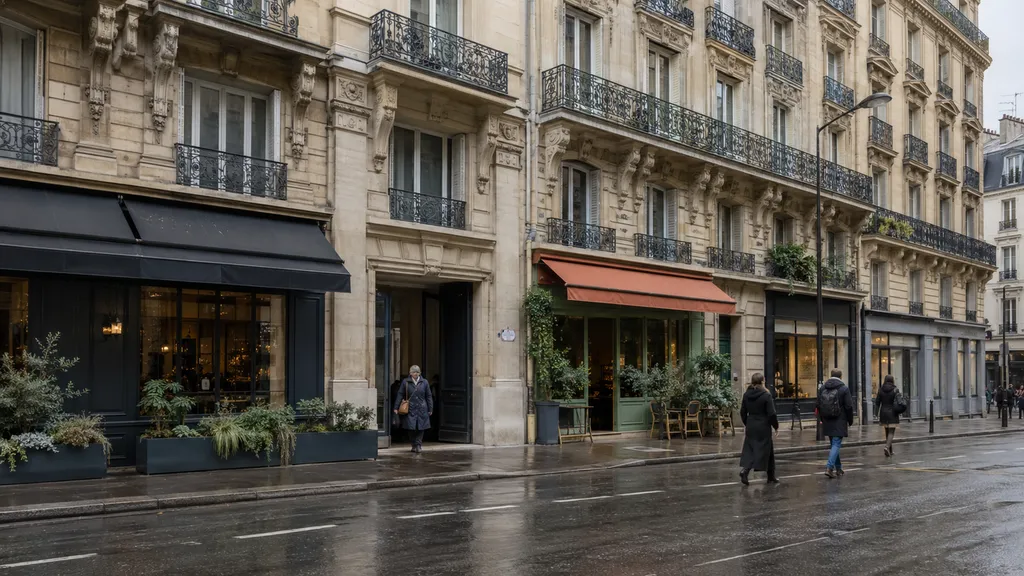 Immeuble haussmannien et commerces de rue à Paris