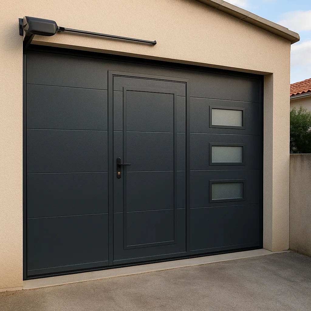 Installation porte de garage sectionnelle motorisée avec hublots et sécurité renforcée à Marseillan dans l’Hérault 34340