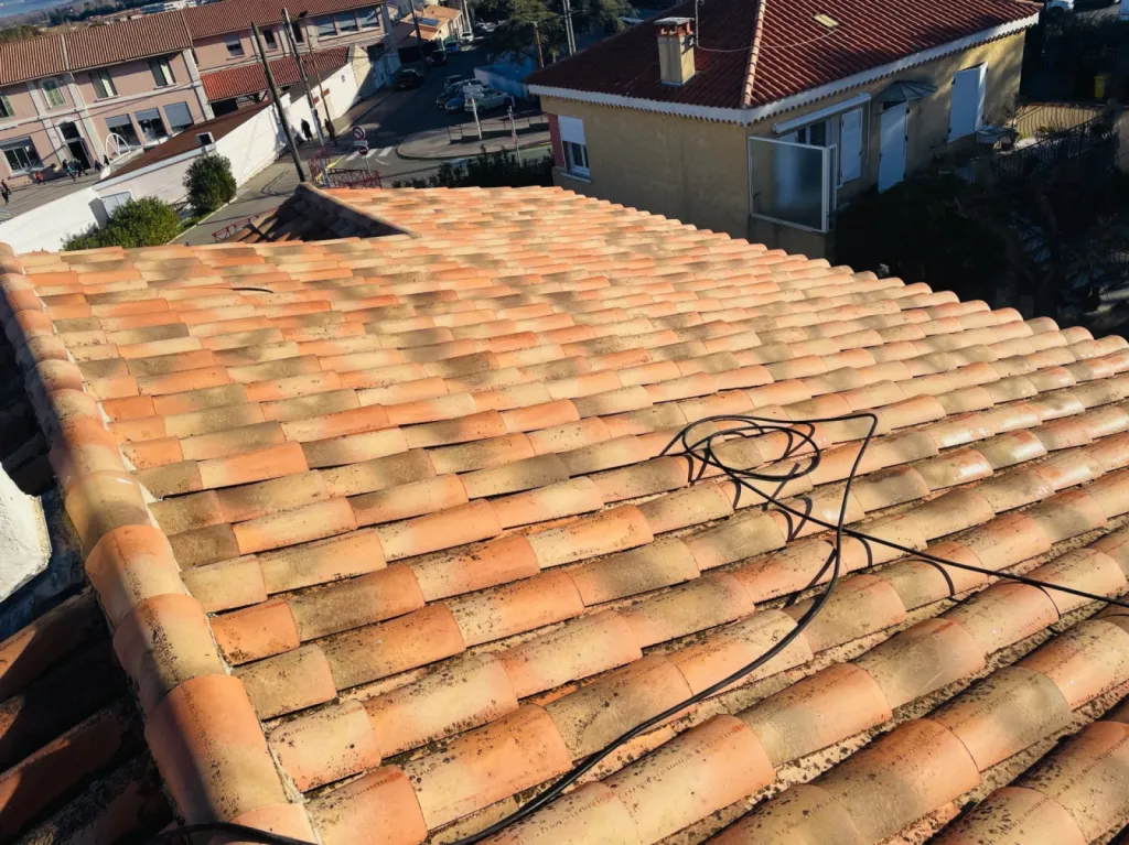 Intervention de couvreur pour un nettoyage de tuiles de toiture de maison près de Martigues 