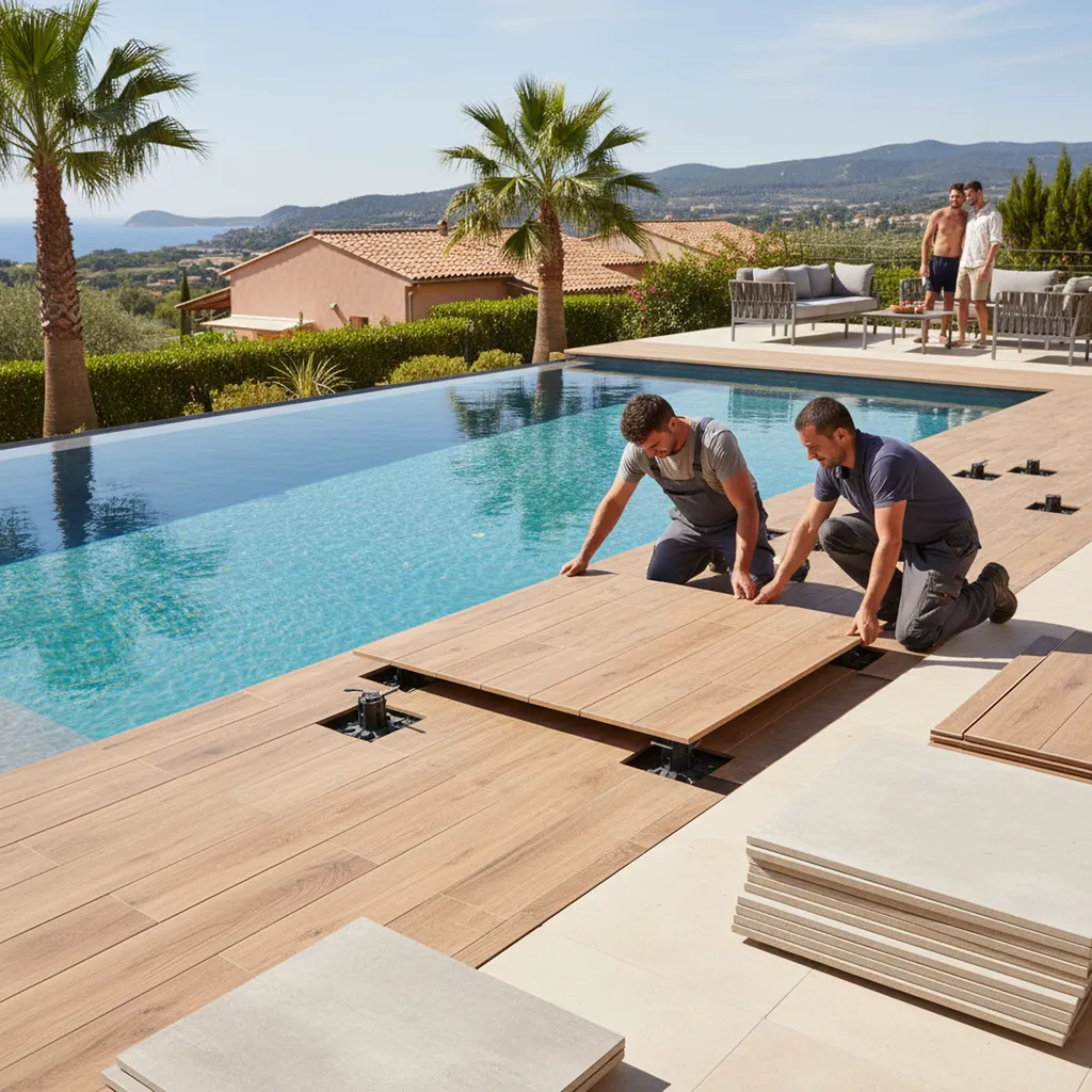 Pose de terrasse sur plots réglables à Toulon près de Sanary-sur-Mer : Installation de dalles en grès cérame ou bois pour contour de piscine