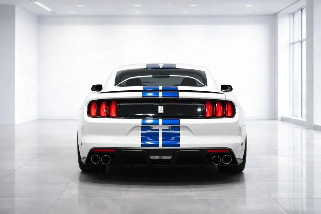 Ford Mustang Shelby GT350 blanche – vue arrière en showroom automobile à Bordeaux, France