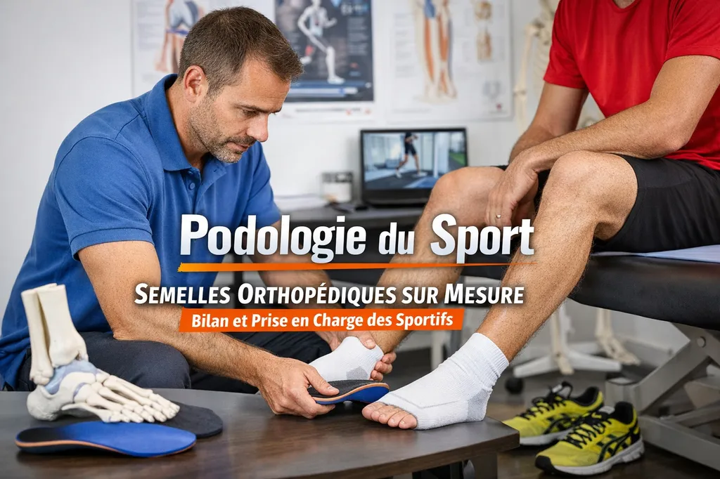 podo-orthésiste réalisant un bilan podologique du sportif avec semelles orthopédiques sur mesure
