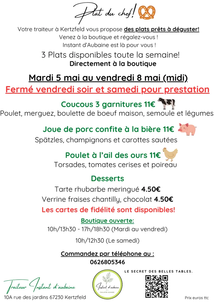 Traiteur à Kertzfeld – Plats du jour disponibles cette semaine à emporter proche de Benfeld