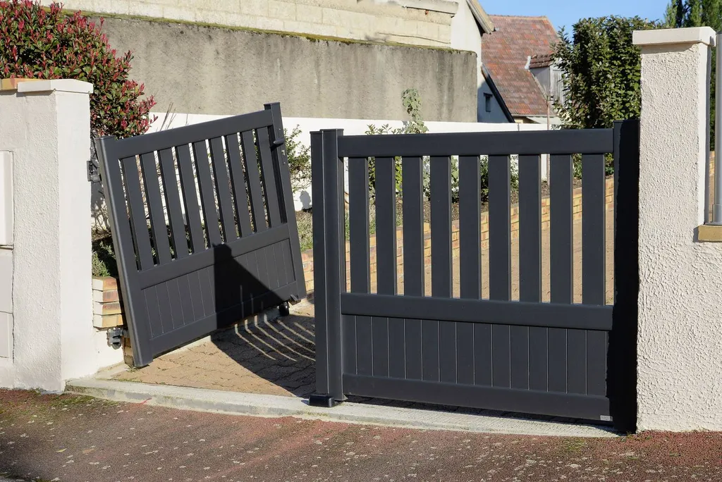 Portail aluminium battant avec relevé de pente MFC style