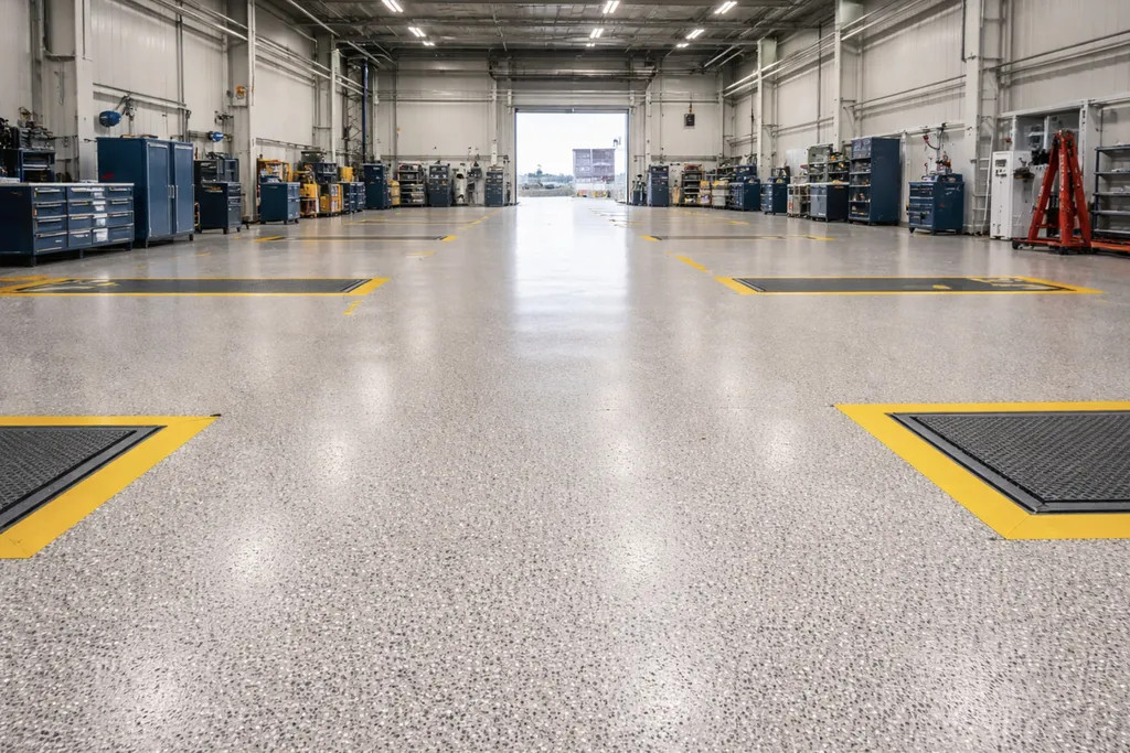 Mise en œuvre de résine époxy quartz Color technique pour zone industrielle et surface de maintenance dans un hangar à Toulouse proche de Blagnac