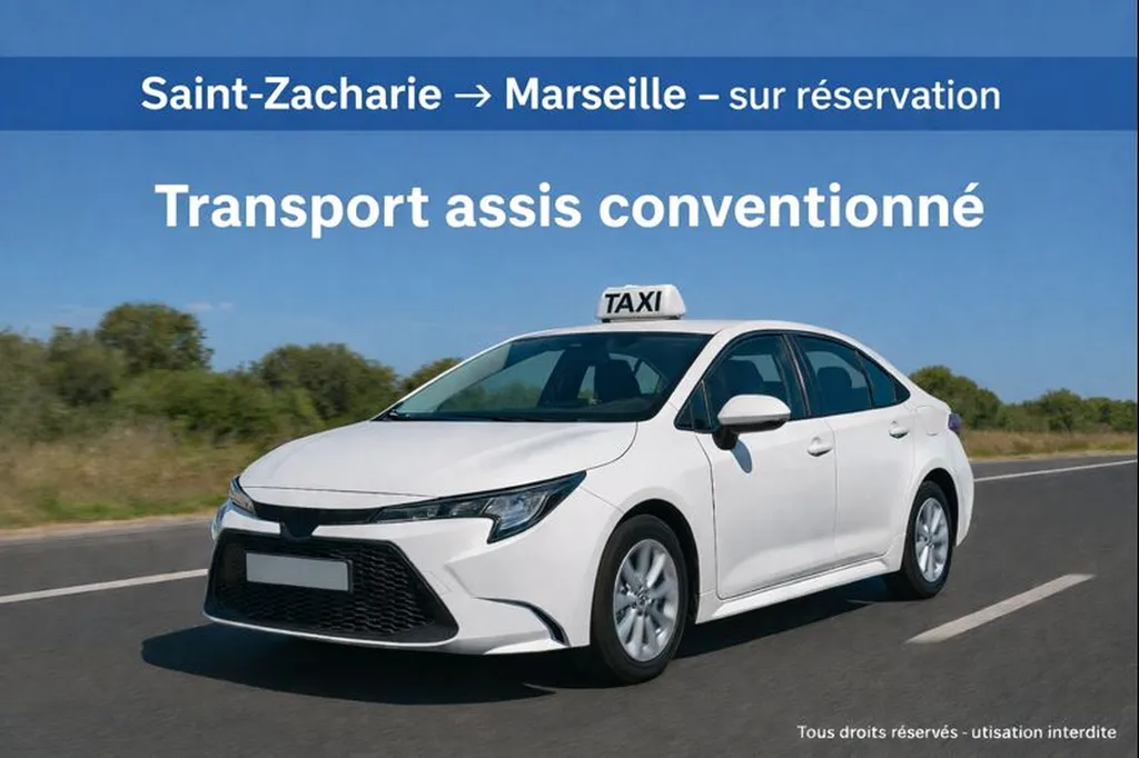 Taxi conventionné assurant un transport assis professionnalisé depuis Saint-Zacharie vers les hôpitaux de Marseille, sur réservation.