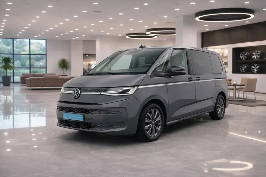 Volkswagen T7 Multivan eHybrid 218 ch vue avant 3/4 avec attelage showroom
