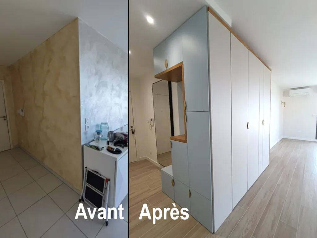 Architecte d’intérieur pour la création d’un meuble d’angle d’entrée sur mesure avec dressing, shoesing et banc - Avant / Après
