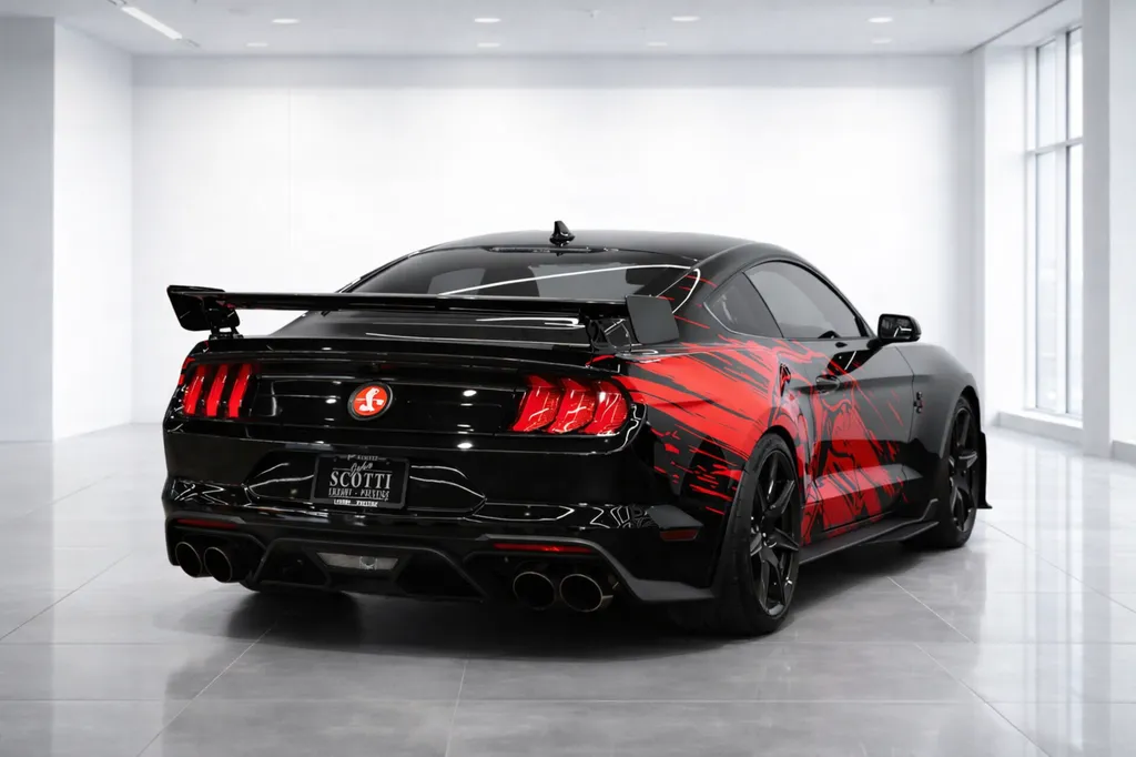 Vue arrière 3/4 Ford Mustang Shelby GT500 noire dans un showroom moderne à Bordeaux