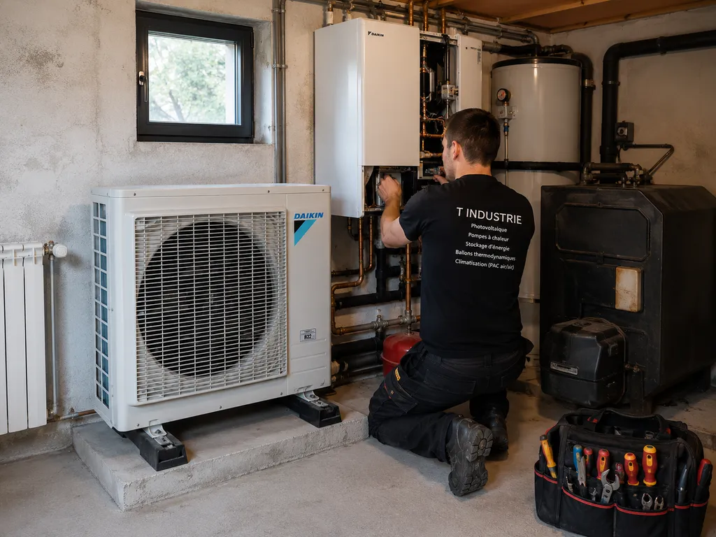 Remplacement d'une chaudière fioul par une pompe à chaleur air/eau réalisé par T Industrie à Manosque. Une solution performante permettant de conserver les radiateurs existants tout en réduisant durablement la consommation d'énergie.