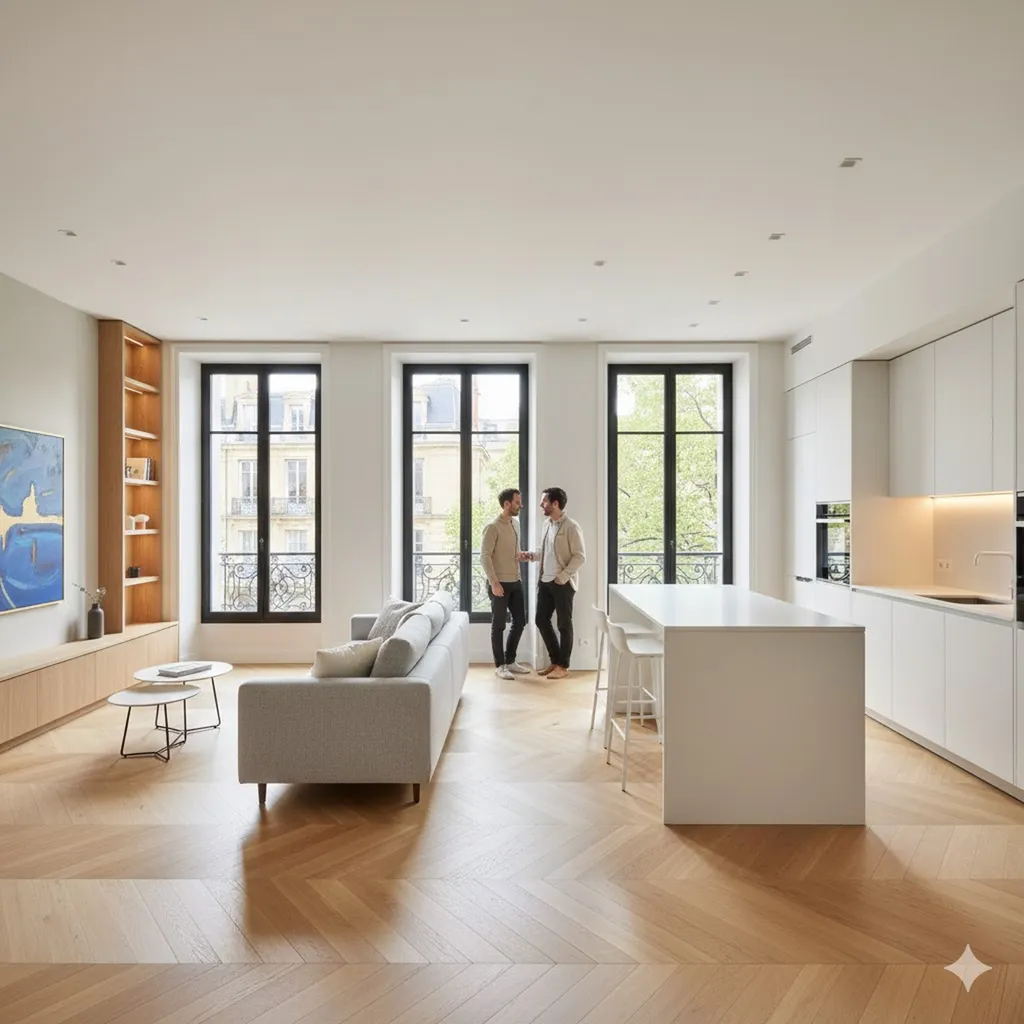 Intérieur d'un appartement T3 rénové à Bordeaux centre, montrant un salon-cuisine ouvert et moderne avec un parquet en point de Hongrie, des grandes fenêtres, et un design épuré et lumineux.