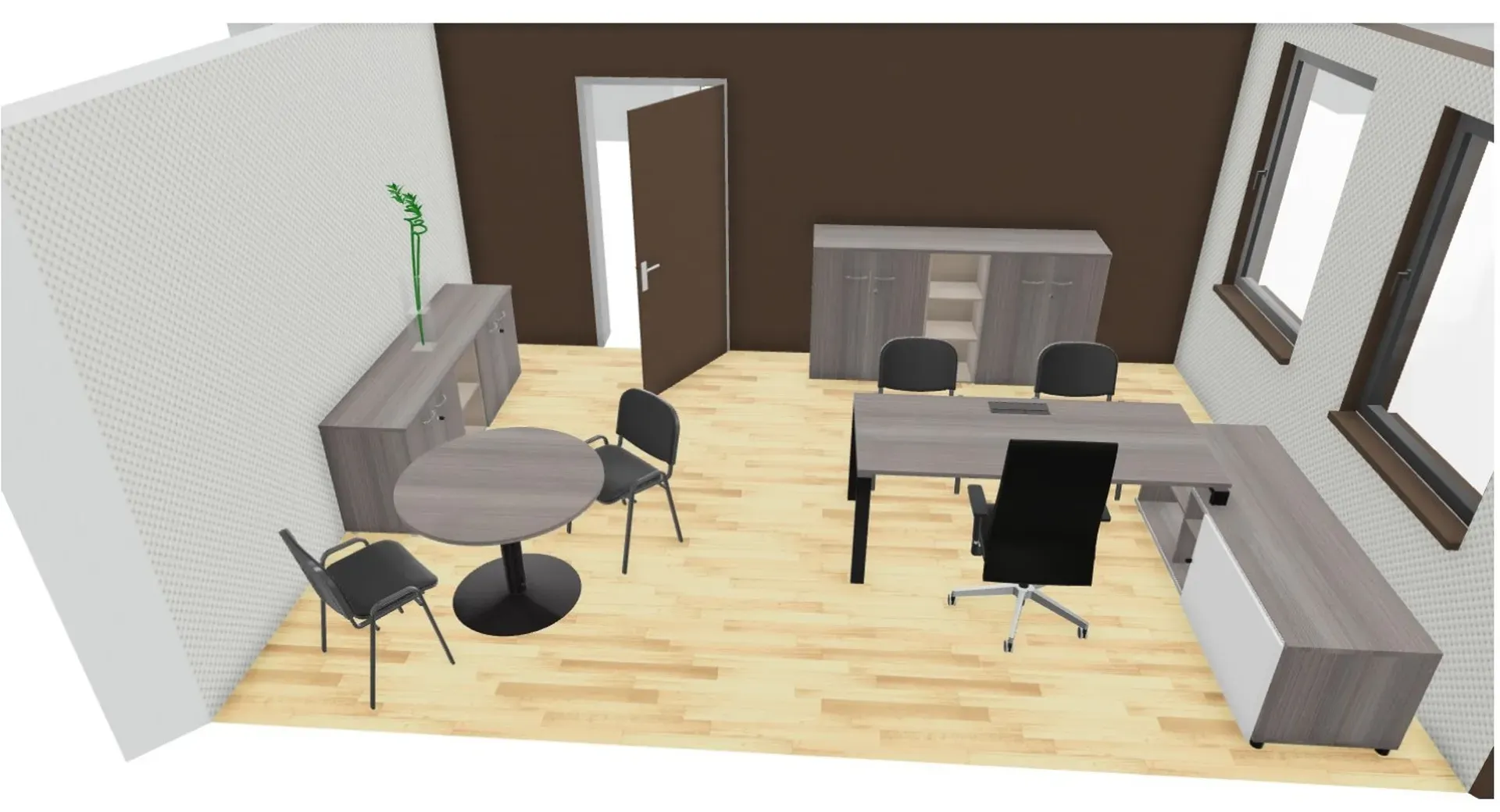 Bureau complet avec armoire basse bureau avec retour sur rangements bas, table de réunion