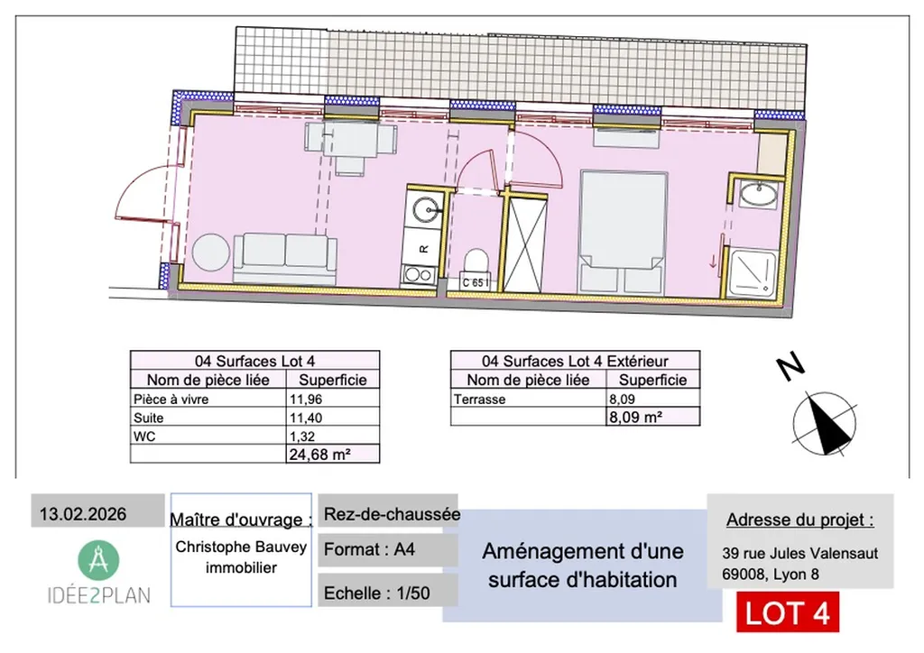 T2 plateau en rez-de-jardin avec terrasse, Lyon 8ème à deux pas de l'avenue Viviani