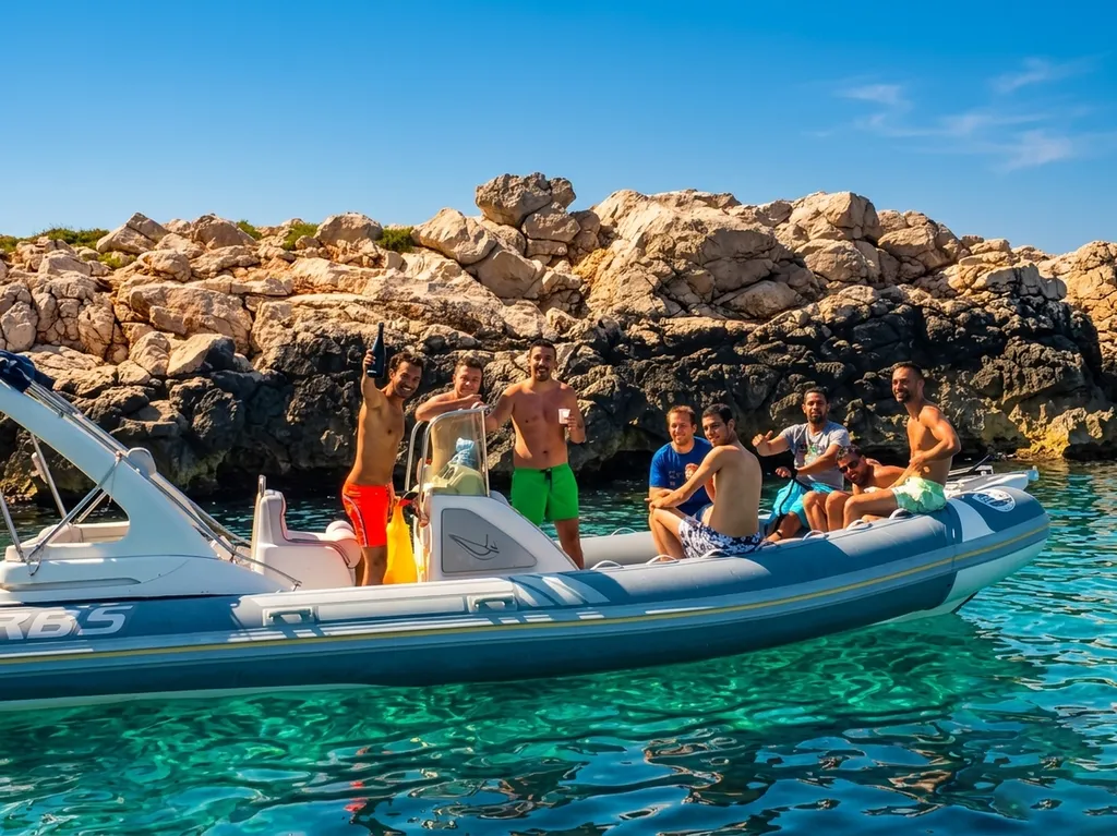 Groupe d'amis à bord d'un semi-rigide de L'Eden Boat pour un EVG dans les Calanques, navigation franche entre les falaises calcaires sous le soleil
