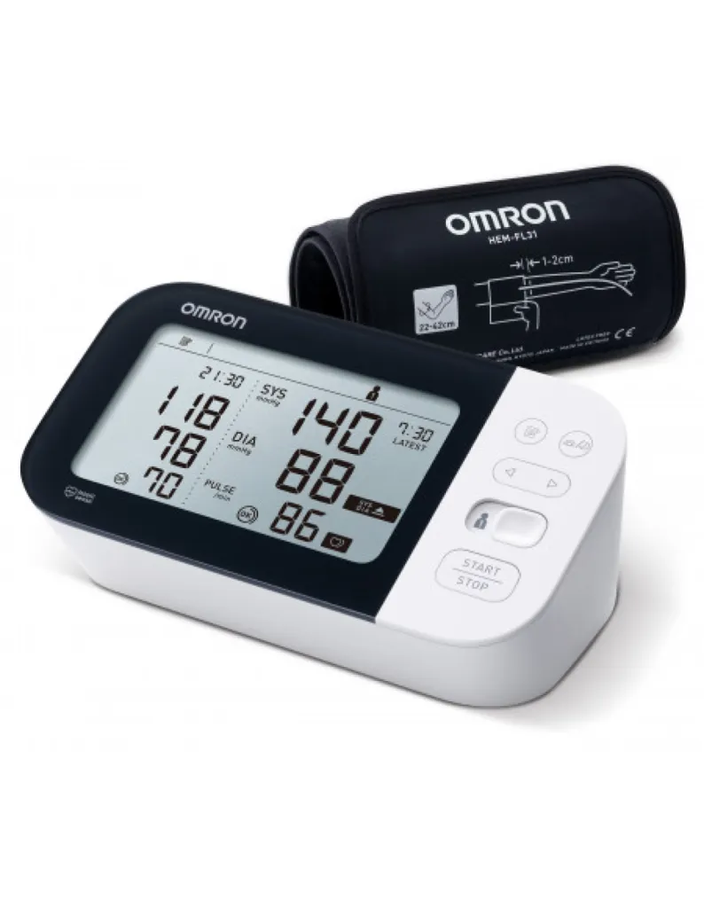Le Tensiomètre Omron M7 IT V2 à Metz, avec brassard Intelli Wrap 22–42 cm, détection de fibrillation auriculaire, mémoire pour 2 utilisateurs et indicateur d'hypertension, idéal pour un suivi précis de la tension artérielle.