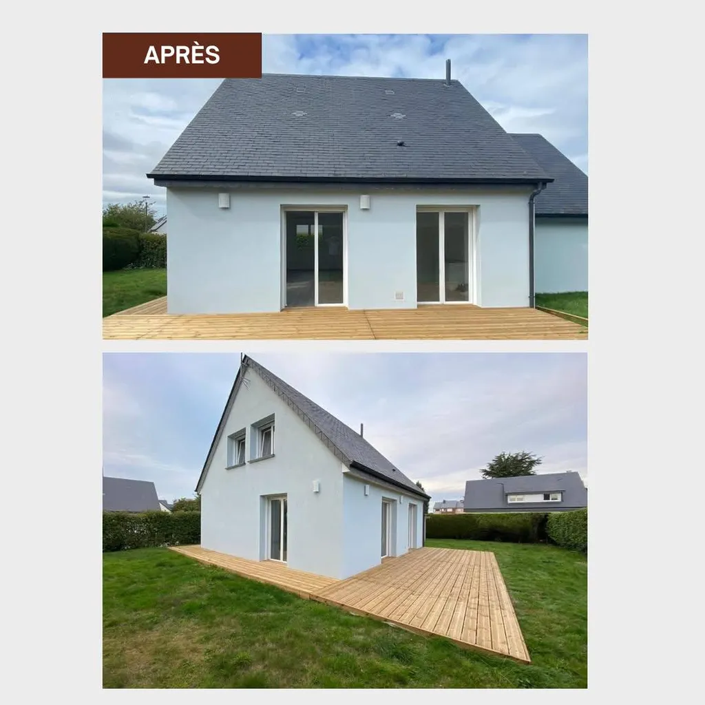 Menuisier région Saint Valéry en Caux : création d'une terrasse bois extérieur autour d'une maison traditionnelle