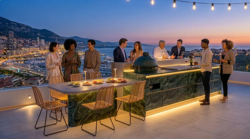 Cuisine So-Inox avec revêttement en marbre vert et inox sur terrase Monaco