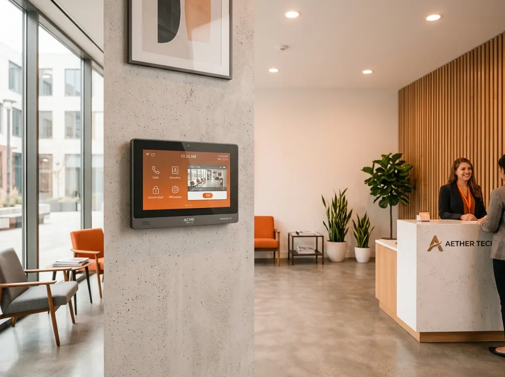 Moniteur intérieur SIP installé dans un hall d'accueil professionnel, remplacement d'un ancien poste analogique