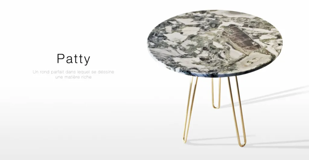 Patty: table basse design vintage en marbre white beauty et pied hairpin legs laiton poli