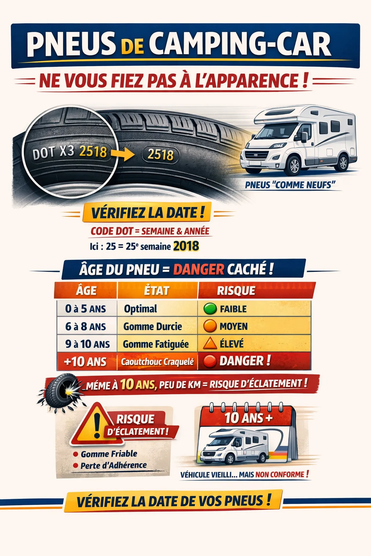 Pneus de camping‑car : vérifiez toujours le code DOT pour connaître l’âge réel du pneu. Même “comme neufs”, les pneus de plus de 8 à 10 ans présentent un risque élevé d’éclatement. Contrôler l’usure et la date garantit sécurité, conformité et sérénité sur