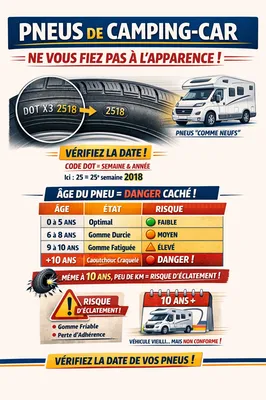 Pneus de camping‑car : vérifiez toujours le code DOT pour connaître l’âge réel du pneu. Même “comme neufs”, les pneus de plus de 8 à 10 ans présentent un risque élevé d’éclatement. Contrôler l’usure et la date garantit sécurité, conformité et sérénité sur