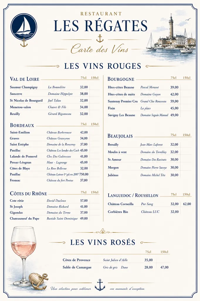 Carte des vins rouges Restaurant les Régates le Havre76