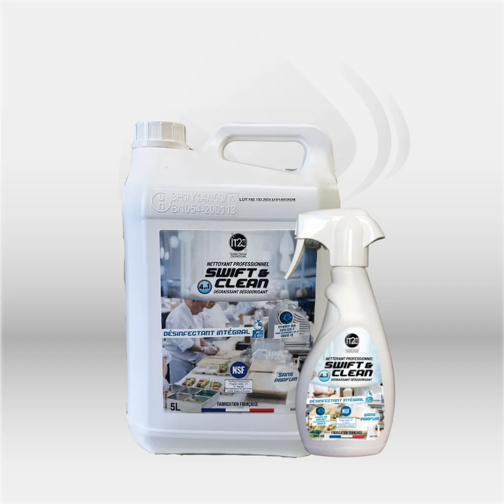 Nettoyant dégraissant détachant Swift Clean virucide bactéricide fongicide utilisé pour l’entretien et la désinfection des locaux professionnels à Mont-de-Marsan, Landes (40), Nouvelle-Aquitaine, disponible partout en France. 