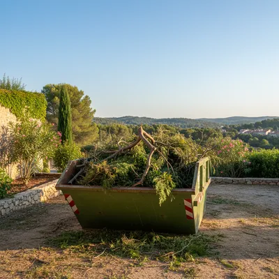 Location de benne pour déchets verts de 6m3 à Vidauban pour élagage régulier : évacuation de branchages et haies de thuyas vers Gonfaron.