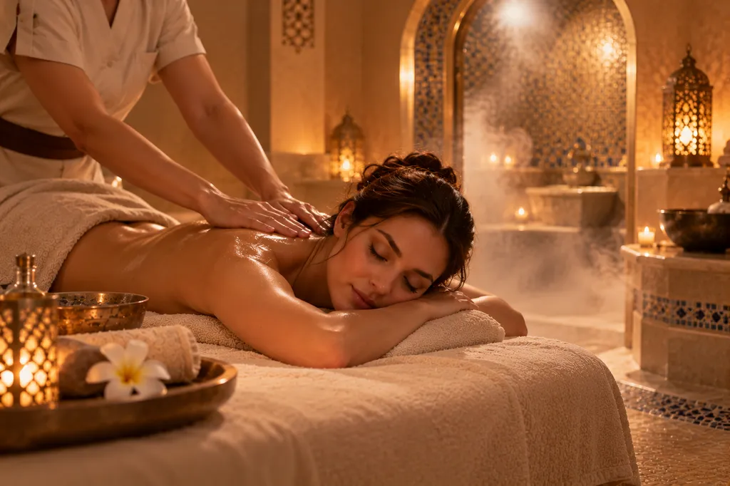 Femme recevant un massage relaxant dans une ambiance de hammam aux vapeurs apaisantes, illustration du Rituel Divin Cinq Mondes à Pertuis.
