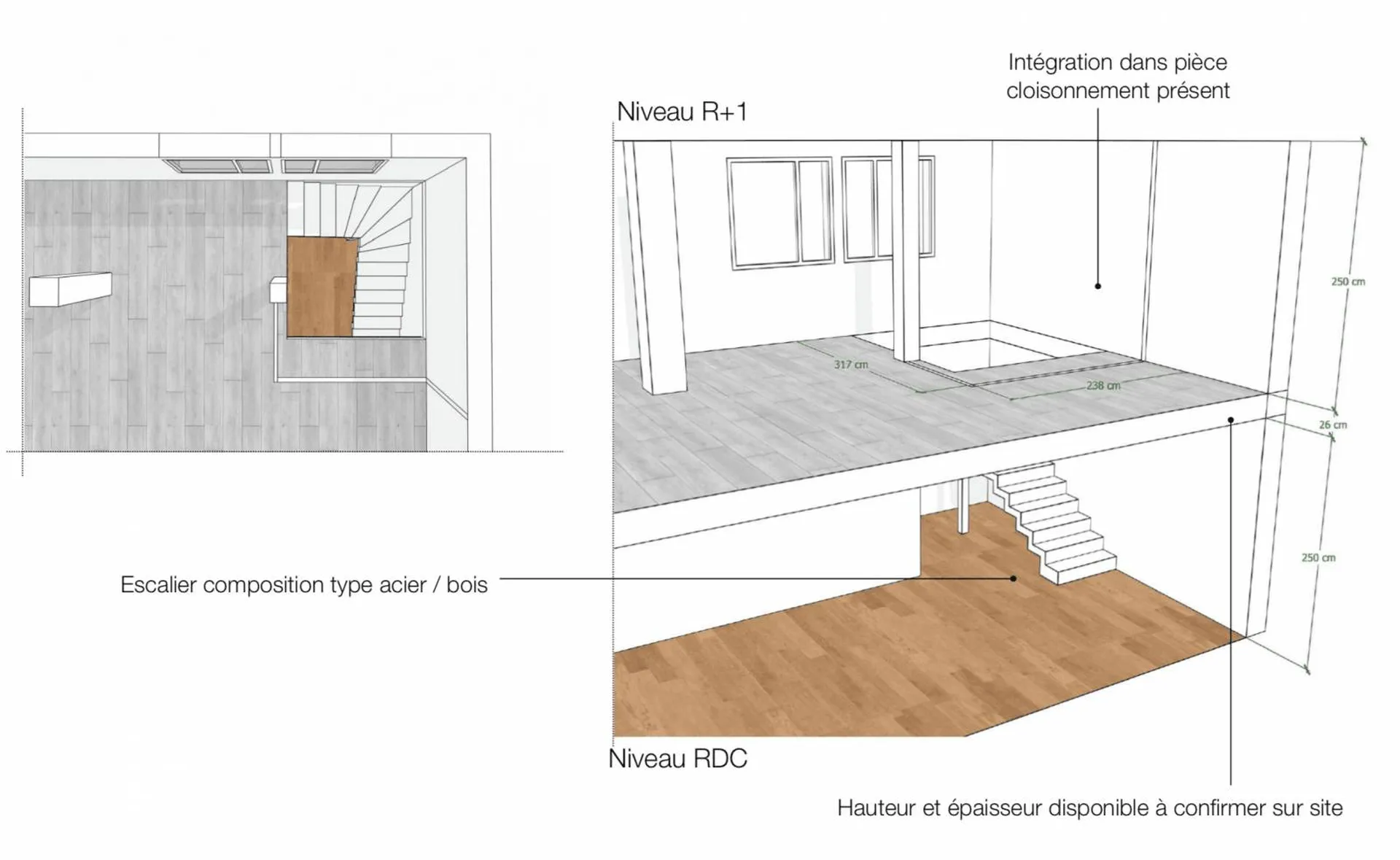 Perspective et rendu : escalier acier/bois sur mesure avec trémie ouverte dans duplex Marseille