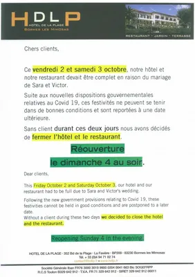 Fermeture exceptionnelle ce 2 et 3 octobre de l'Hôtel de la plage - HDLP