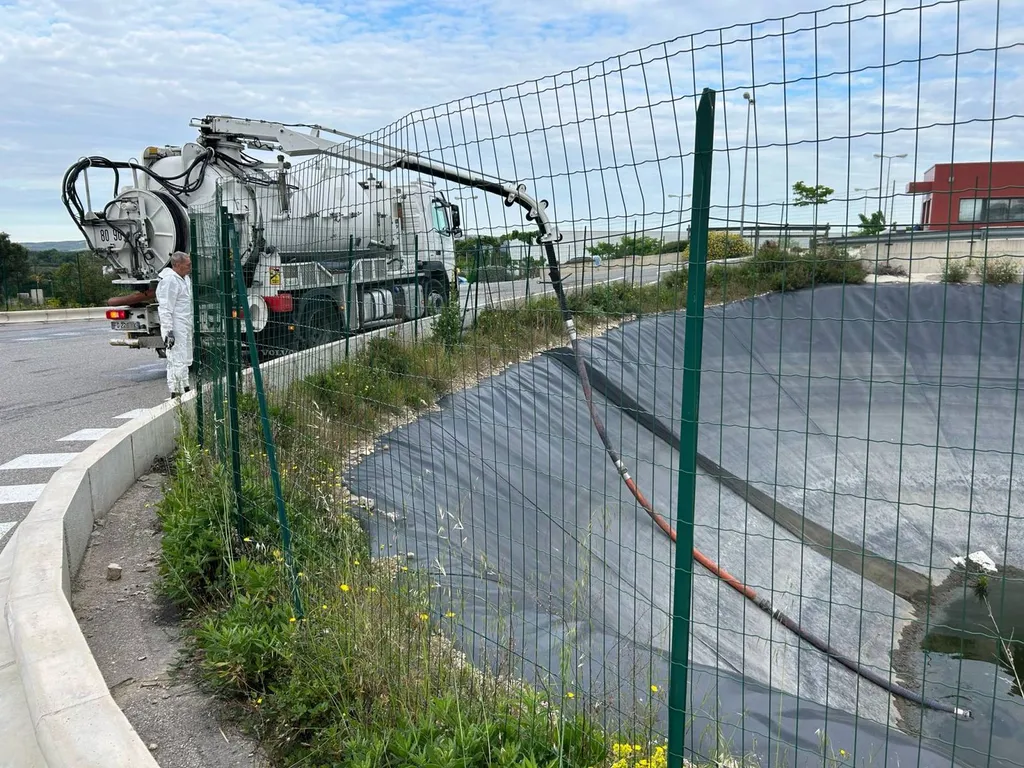 Curage d'un bassin de rétention en été