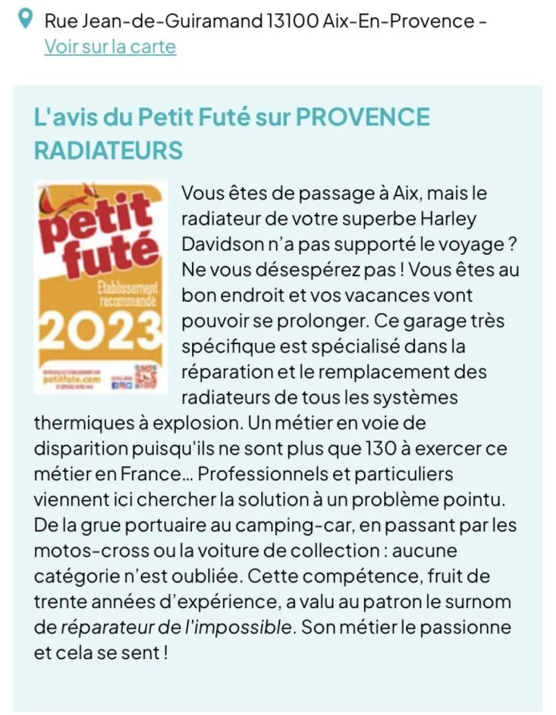 Parution de Provence Radiateurs dans Le Petit Futé 2023