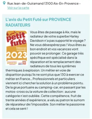 Parution de Provence Radiateurs dans Le Petit Futé 2023