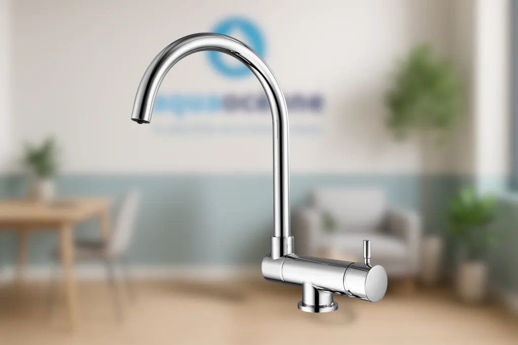 Robinet filtrant PURE MOVE chromé avec système 3 voies pour eau filtrée et eau du réseau.
