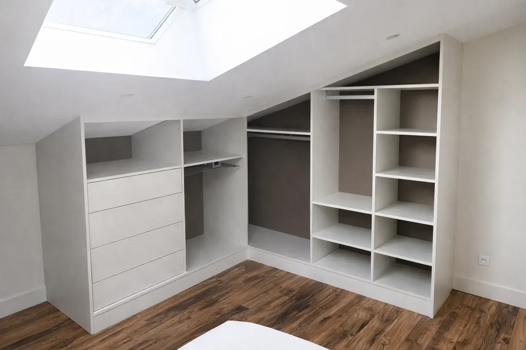 Installation d'un dressing sur mesure sous pente en mélaminé blanc Saint Didier sur Chalaronne