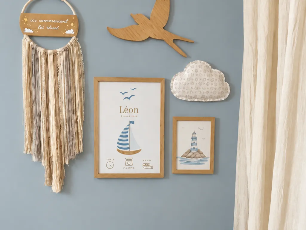 cadre de naissance avec personnalisation du prénom de bébé, sa date de naissance, son poids et sa taille, illustrée avec un bateau bleu et des mouettes, décorant un pan de mur accompagné d'un nuage en tissu, d'un attrape-rêves et d'une illustration d'un p