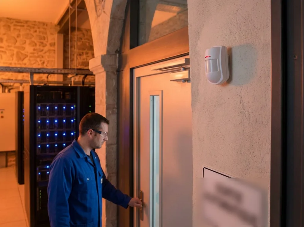 Détecteur REX professionnel installé en salle serveur data center, capteur PIR infrarouge passif type Kantech T.Rex ou Bosch DS150i, sortie automatique technicien sans badge