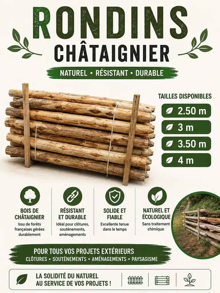 Rondin en châtaignier naturel – Bois durable pour clôtures, soutènements et aménagements extérieurs