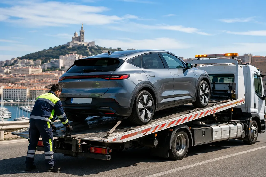 Intervention d'une dépanneuse à Marseille pour le remorquage sécurisé d'un véhicule en panne vers le garage de son choix.