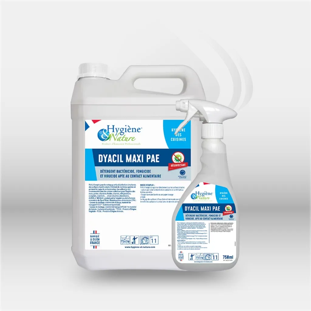 Dyacil Maxi PAE désinfectant contact alimentaire utilisé pour la désinfection des surfaces et matériels alimentaires professionnels à Mont-de-Marsan, Landes (40), Nouvelle-Aquitaine, disponible partout en France.