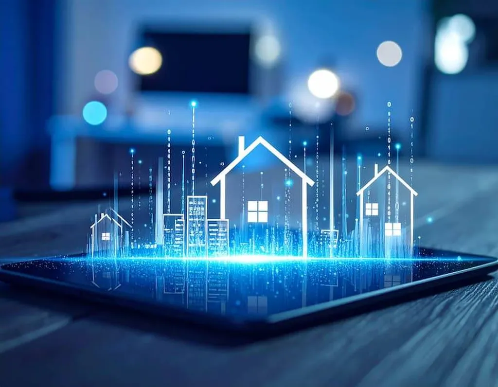 Illustration conceptuelle de la qualification de fichiers immobiliers montrant une interface digitale de gestion de données et des icônes de bâtiments