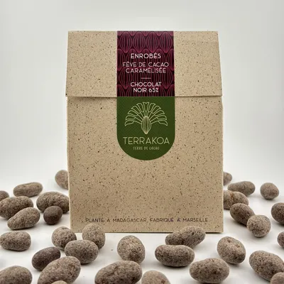 Fèves de cacao cristallisées Terrakoa enrobées chocolat noir gourmandises bean-to-bar fabriquées à Marseille cacao Madagascar