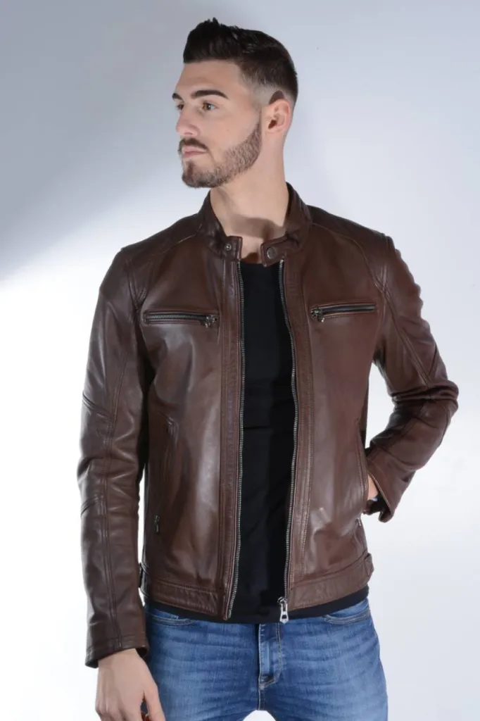 blouson cuir marron homme