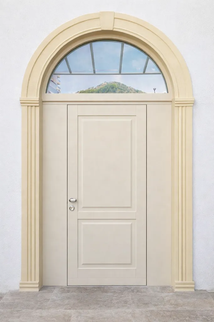 Rénovation d'entrée dans le Vieil Ajaccio : porte Silvelox Perseo laquée ivoire, marquise Ocler Azura et marche en travertin pour une façade retrouvée