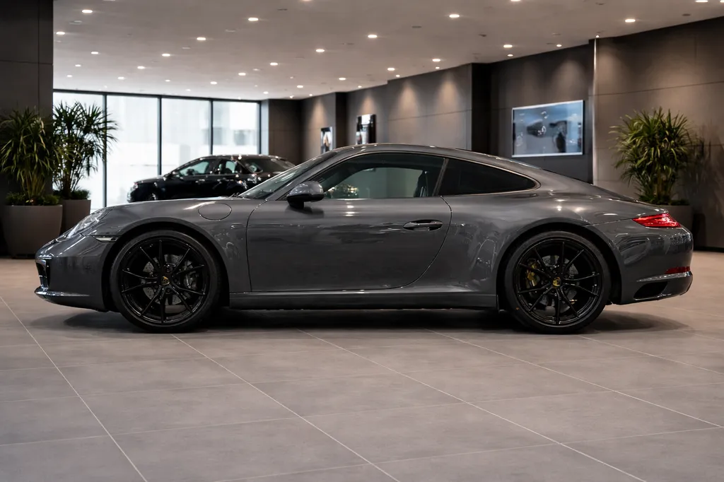 Porsche 911 Carrera 991 essence Bordeaux – profil coupé sportif 370 ch gris métallisé