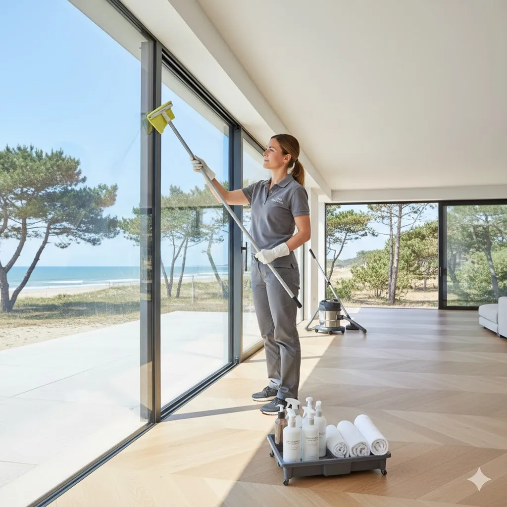 Femme qui nettoie une villa deluxe à Lacanau