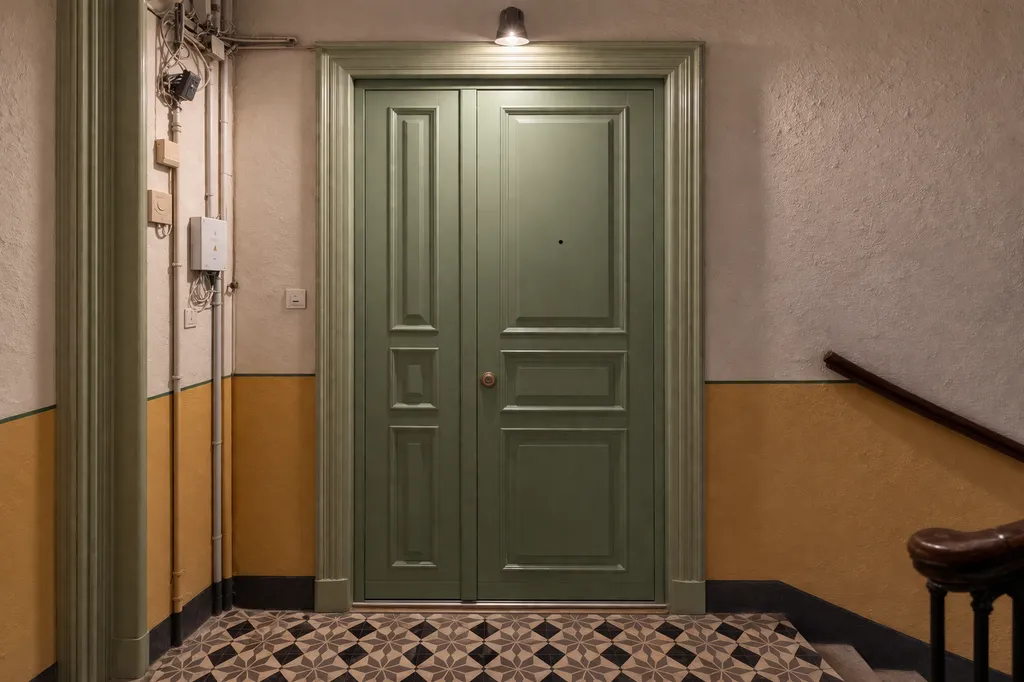 Remplacement d'une porte d'appartement en copropriété dans le Vieil Ajaccio : la Silvelox Sikura moulurée 2/3 - 1/3, vert laqué côté palier et chêne naturel côté intérieur