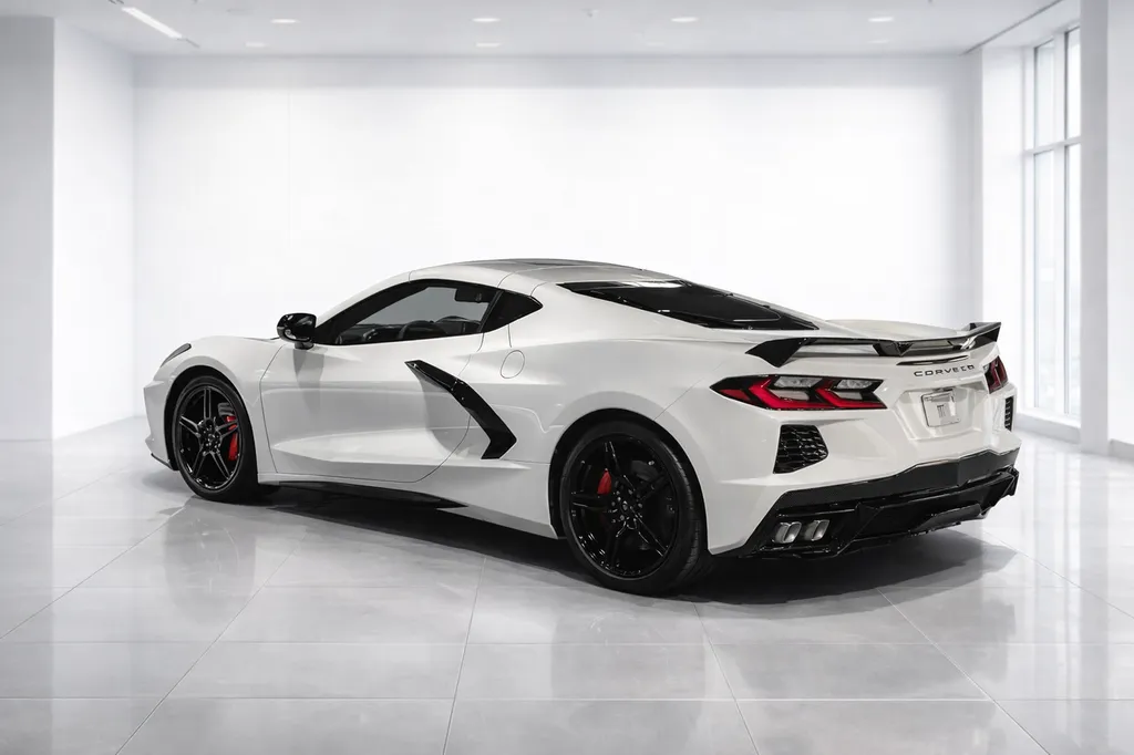 Chevrolet Corvette C8 blanche – vue arrière 3/4 en showroom à Bordeaux